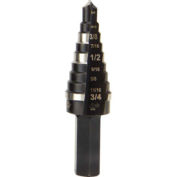 Klein Tools KTSB03 Step Drill Bits 1/4" to 3/4" Hole Dia, 3/8" Shank Dia, High Speed Steel, 9 Hole Sizes