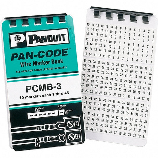 Panduit PCMB-1 Wire Marker Books & Pens Wire Marker Type Book Book Type Numeric Ink Color Black Included Characters 0-9 Label Length 1.3800 in Number Of Labels 450 Legend Color Black Label Material Vinyl Cloth Character Quantity 450 Marker Material V