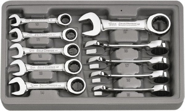GEARWRENCH 9520D Ratcheting Combination Wrench Set 10 Pc, 10 mm 11 mm 12 mm 13 mm 14 mm 15 mm 16 mm 17 mm 18 mm & 19 mm Wrench, Metric