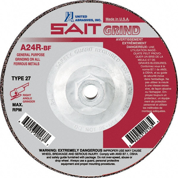 Sait 20163 Depressed-Center Wheel Type 27, 4-1/2" Dia, 1/4" Thick, 5/8-11 Hole, Aluminum Oxide