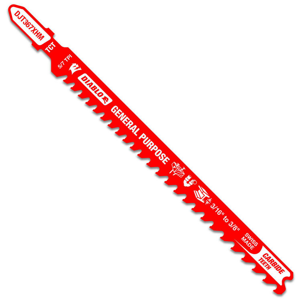 DIABLO DJT367XHM Jigsaw Blades Blade Material Carbide  Blade Length (Inch) 5-1/4  Blade Width (Decimal Inch) 8.6600  Blade Thickness (Decimal Inch) 0.0400  Shank Type T-Shank  Cutting Edge Style Toothed