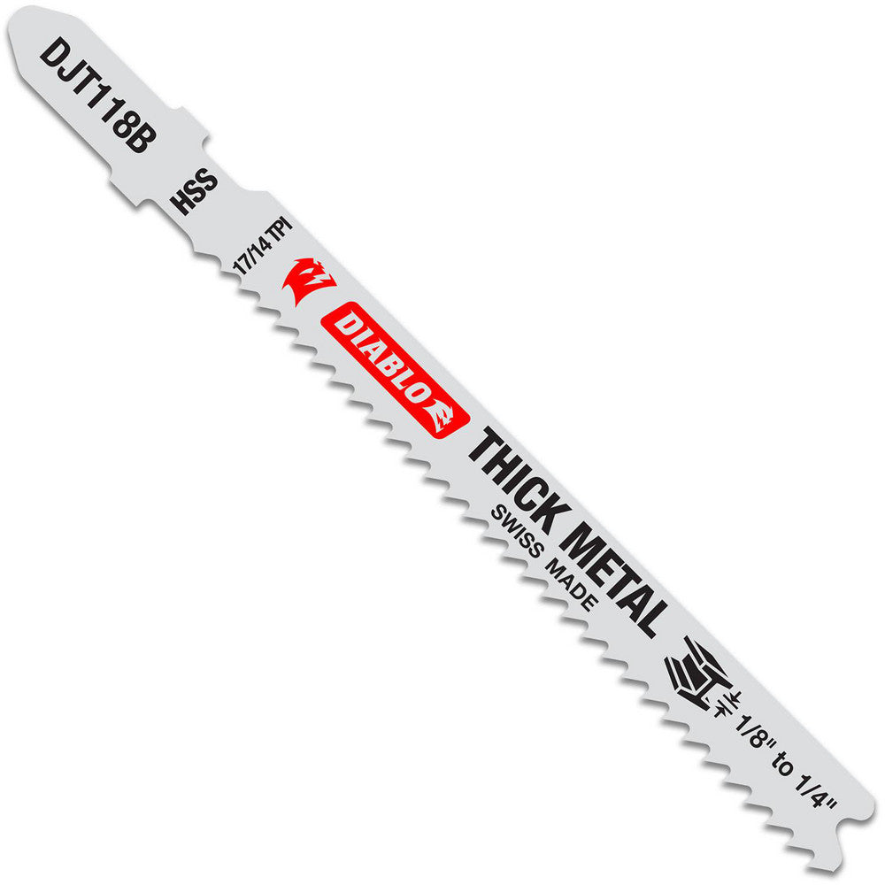 DIABLO DJT118B5 Jigsaw Blades Blade Material High Speed Steel  Blade Length (Inch) 3-5/8  Blade Width (Decimal Inch) 6.6900  Blade Thickness (Decimal Inch) 0.0400  Shank Type T-Shank  Cutting Edge Style Toothed
