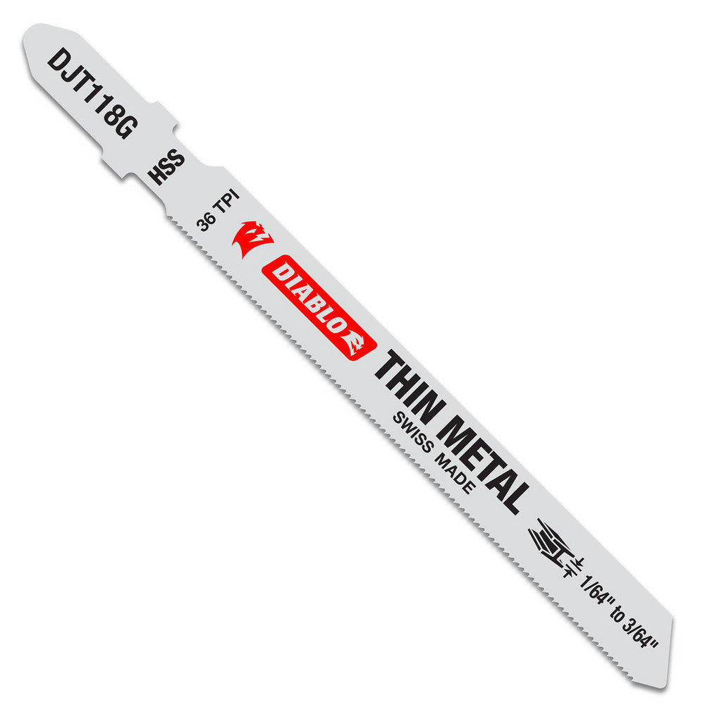 DIABLO DJT118G5 Jigsaw Blades Blade Material High Speed Steel  Blade Length (Inch) 3-5/8  Blade Width (Decimal Inch) 6.6900  Blade Thickness (Decimal Inch) 0.0400  Shank Type T-Shank  Cutting Edge Style Toothed