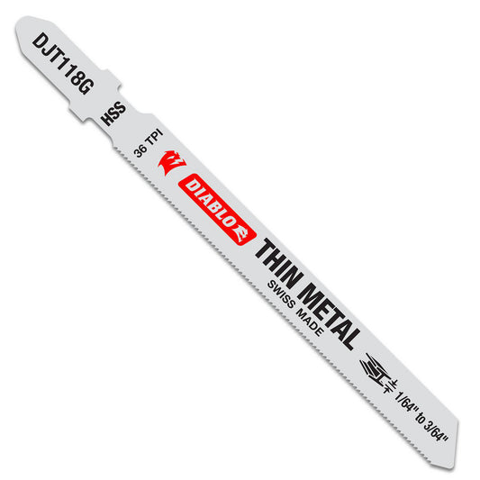 DIABLO DJT118G5 Jigsaw Blades Blade Material High Speed Steel  Blade Length (Inch) 3-5/8  Blade Width (Decimal Inch) 6.6900  Blade Thickness (Decimal Inch) 0.0400  Shank Type T-Shank  Cutting Edge Style Toothed