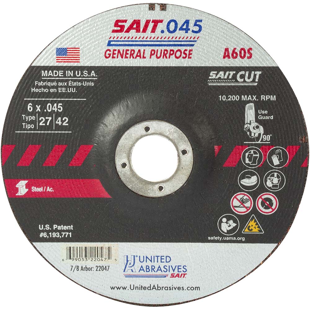 Sait 22047 Depressed-Center Wheel Type 27, 6" Dia, 0.0450" Thick, 7/8" Hole, Aluminum Oxide