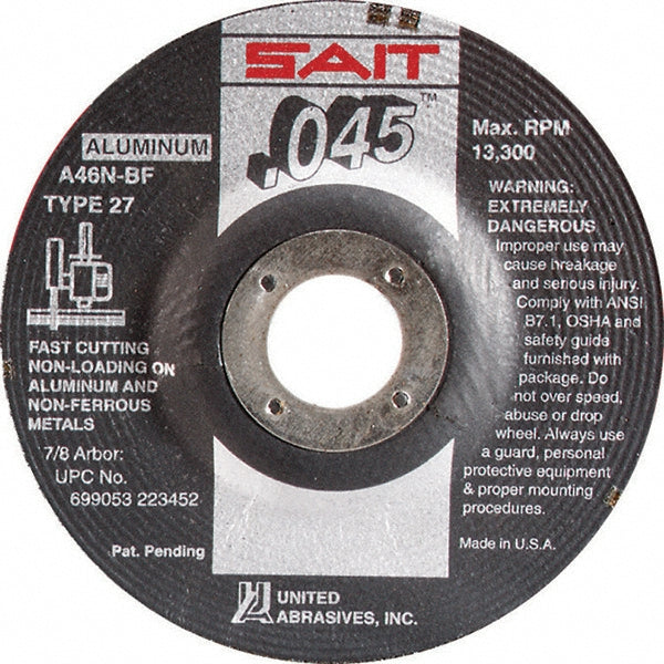 Sait 22345 Depressed-Center Wheel Type 27, 4-1/2" Dia, 0.0450" Thick, 7/8" Hole, Aluminum Oxide