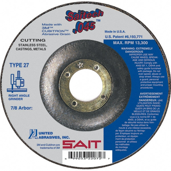Sait 22068 Depressed-Center Wheel Type 27 & Type 42, 4" Dia, 0.0450" Thick, 5/8" Hole, Ceramic Alumina