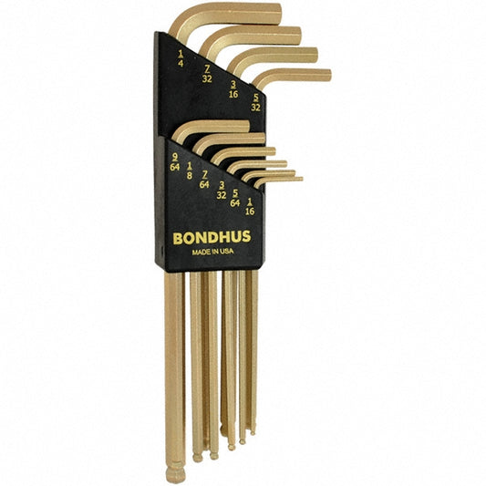 Bondhus 37938 Hex Key Sets Ball End Yes  Tool Type Hex  Handle Type L-Handle  Measurement Type SAE  Hex Size 1/16 in 1/4 in 1/8 in 3/16 in 3/32 in 5/32 in 5/64 in 7/32 in 7/64 in 9/64 in  Hex Size Range (Inch) 1/16 - 1/4