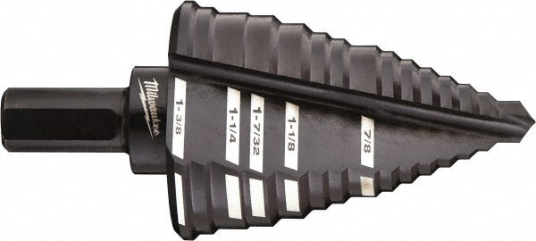 Milwaukee Tool 48-89-9212 Step Drill Bit 7/8 to 1-3/8" Dia, 3/8" Shank Dia, High Speed Steel, 5 Hole Sizes