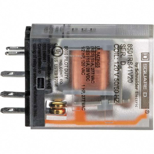 Square D 8501RS41V20 1 hp at 240 Volt & 1/2 hp at 120 Volt, Electromechanical Plug-in General Purpose Relay