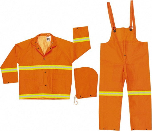 MCR Safety 2013RL Rain Suit with Bib Overalls Size Large, ANSI 107-2010, Orange, PVC & Polyester