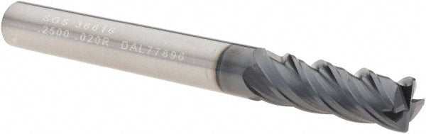 Kyocera SGS Precision Tools 36616 Corner Radius End Mill 1/4" Dia, 3/4" LOC, 0.0150 to 0.0200" Radius, 4 Flutes, Solid Carbide