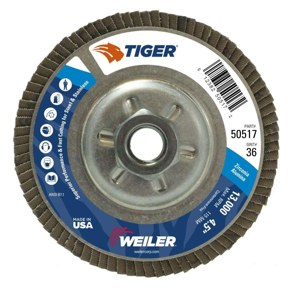 Weiler 50517 Flap Disc  4-1/2" Dia, 36 Grit, Zirconia Alumina, Type 29