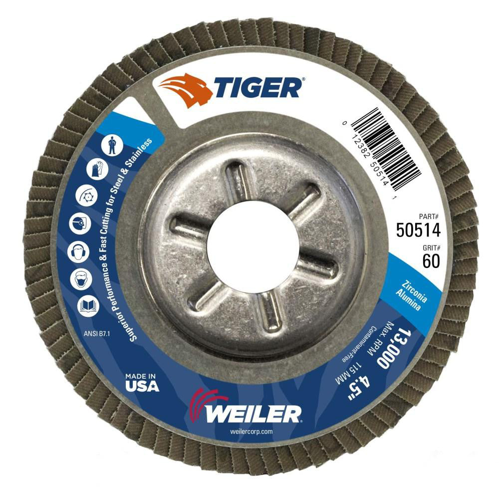 Weiler 50514 Flap Disc  4-1/2" Dia, 7/8" Hole, 60 Grit, Zirconia Alumina, Type 29
