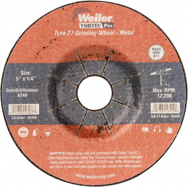 Weiler 56466 Depressed-Center Wheel Type 27, 5" Dia, 1/4" Thick, 7/8" Hole, Aluminum Oxide