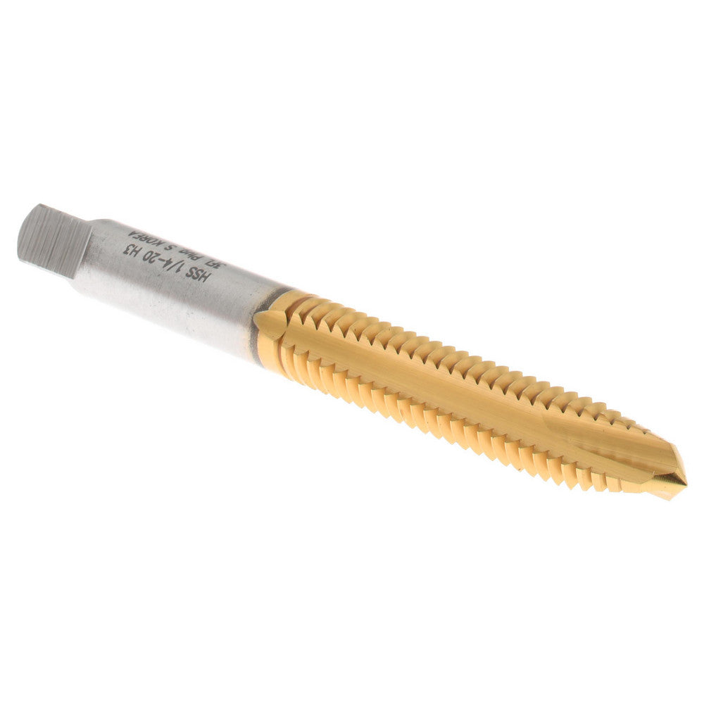 Hertel K008334AS25 Spiral Point Tap 1/4-20 UNC, 3 Flutes, Plug Chamfer, 3B Class of Fit, HSS, TiN Coated