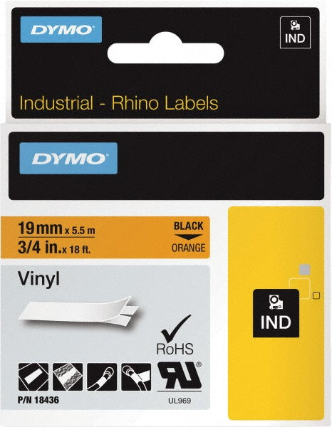 Dymo 18436 Label Maker Label Black on Orange, 216" OAL, 3/4" OAW, 1 Roll