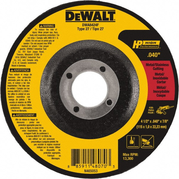DeWALT DWA8424F Depressed Grinding Wheel  Type 27,  4-1/2" Dia,  7/8" Hole,  Aluminum Oxide