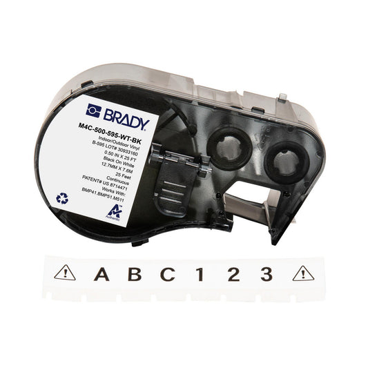 Brady 170818 Labels, Ribbons & Tapes Application Label Printer Cartridge  Color Family White  Color Black on White  For Use With BMP41 BMP51 BMP53 M511  Width (Inch) 1/2  Material Vinyl
