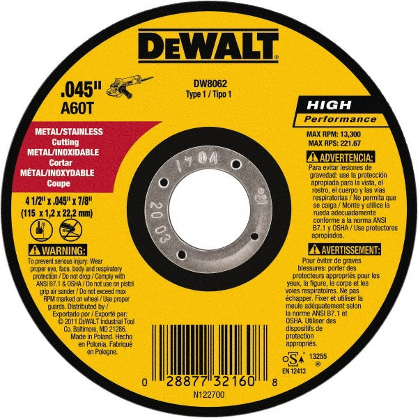 DeWALT DW8062B5 Cut-Off Wheel Type 1 (01/41), 4-1/2" Dia, Aluminum Oxide