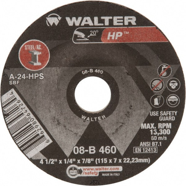 WALTER Surface Technologies 08B460 Depressed Grinding Wheel  Type 27,  4-1/2" Dia,  1/4" Thick,  7/8" Hole,  Aluminum Oxide