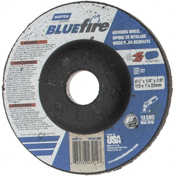 Value Collection N29856 Depressed Grinding Wheel  Type 27,  4-1/2" Dia,  1/4" Thick,  7/8" Hole,  Zirconia Alumina