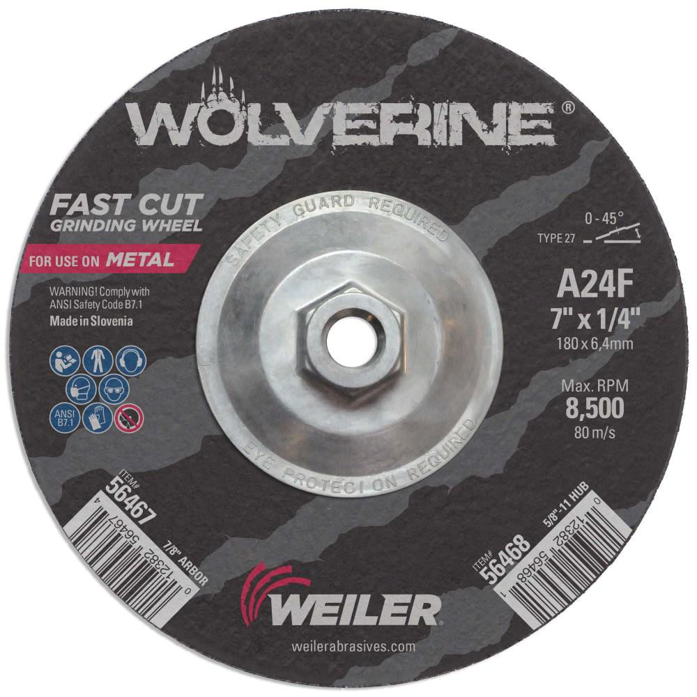 Weiler 56468 Depressed-Center Wheel Type 27, 7" Dia, 1/4" Thick, 5/8-11 Hole, Aluminum Oxide