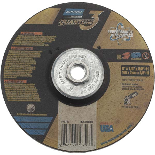 Norton 66253370797 Depressed Center Wheel Type 27, 6" Dia, 1/4" Thick, Ceramic