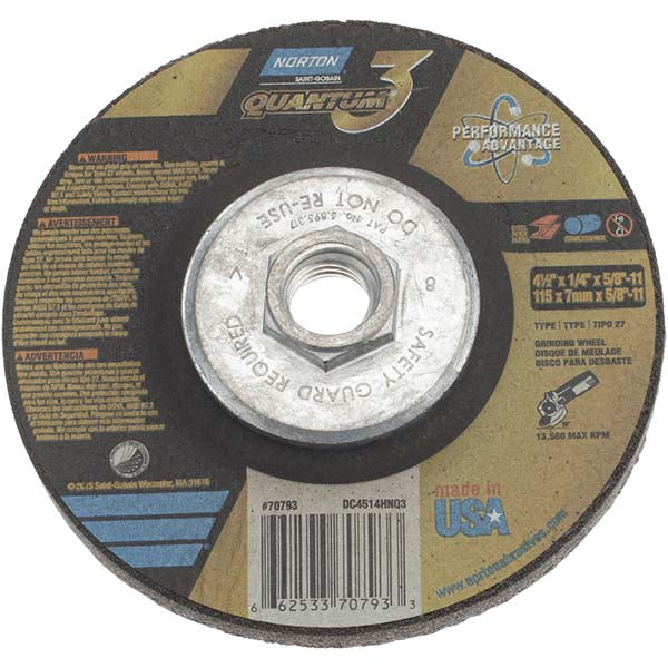 Norton 66253370793 Depressed Center Wheel Type 27, 4-1/2" Dia, 1/4" Thick, Ceramic