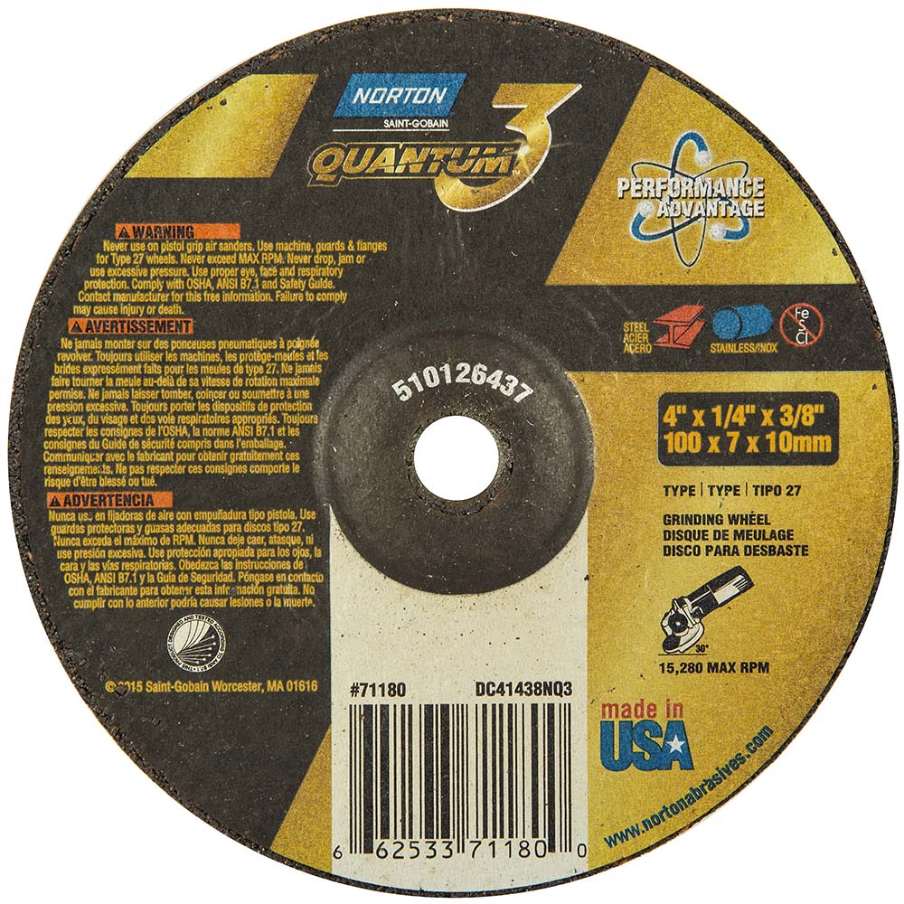 Norton 66253371180 Depressed Center Wheel Type 27, 4" Dia, 1/4" Thick, Ceramic