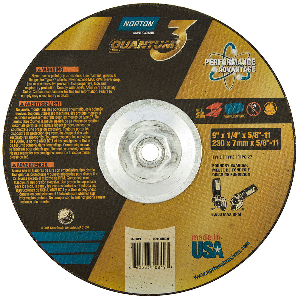 Norton 66253370849 Depressed Center Wheel Type 27, 9" Dia, 1/4" Thick, Ceramic