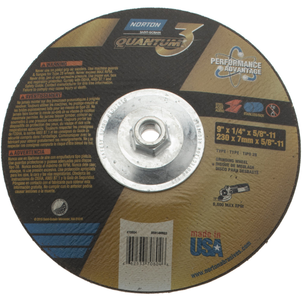 Norton 66253370804 Depressed Center Wheel Type 28, 9" Dia, 1/4" Thick, Ceramic