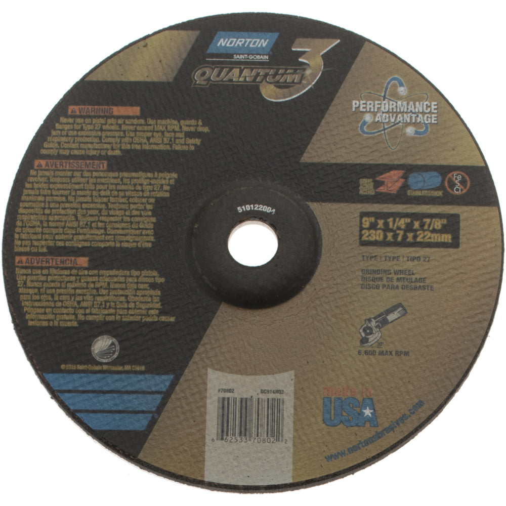Norton 66253370802 Depressed Center Wheel Type 27, 9" Dia, 1/4" Thick, Ceramic