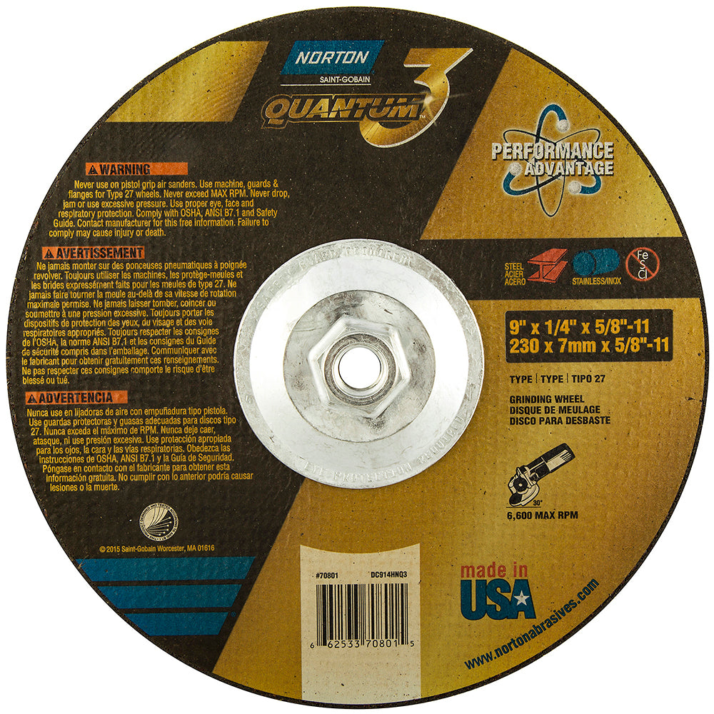 Norton 66253370801 Depressed Center Wheel Type 27, 9" Dia, 1/4" Thick, Ceramic