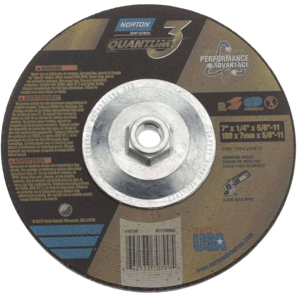 Norton 66253370799 Depressed Center Wheel Type 27, 7" Dia, 1/4" Thick, Ceramic