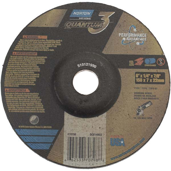 Norton 66253370798 Depressed Center Wheel Type 27, 6" Dia, 1/4" Thick, Ceramic