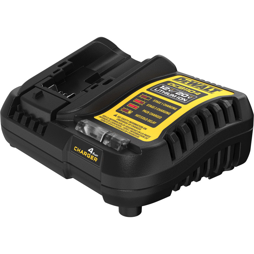 DeWALT DCB1104 Power Tool Chargers Voltage 120 V  Power Source AC Wall Outlet  For Use With DEWALT 12V MAX, DEWALT 20V MAX, and FLEXVOLT Batteries  Batteries Included No  Battery Chemistry Lithium-ion  Number of Battery Ports 1