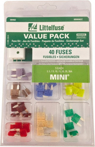 Littelfuse 00940462Z Fuse Service Kits Compatible Fuse Class ATO  Includes 5 each of 3, 5, 7.5, 10, 15, 20, 25, 30 amp mini fuses and one tester/puller  Fuse Type Super Value Pack Kit