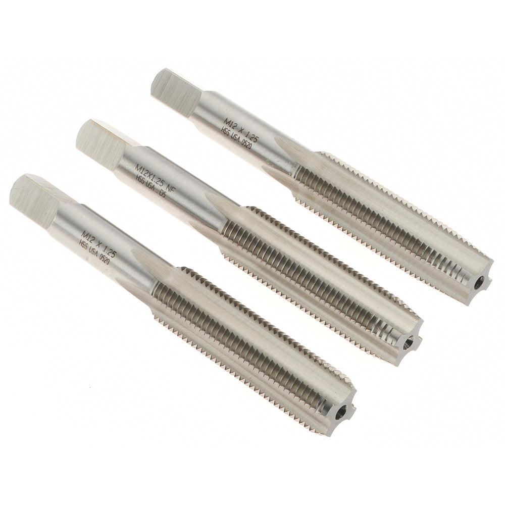 Norseman Drill & Tool 19081 Tap Set M12 x 1.25 Metric Fine, 4 Flute, Bottoming Plug & Taper, High Speed Steel, Bright Finish