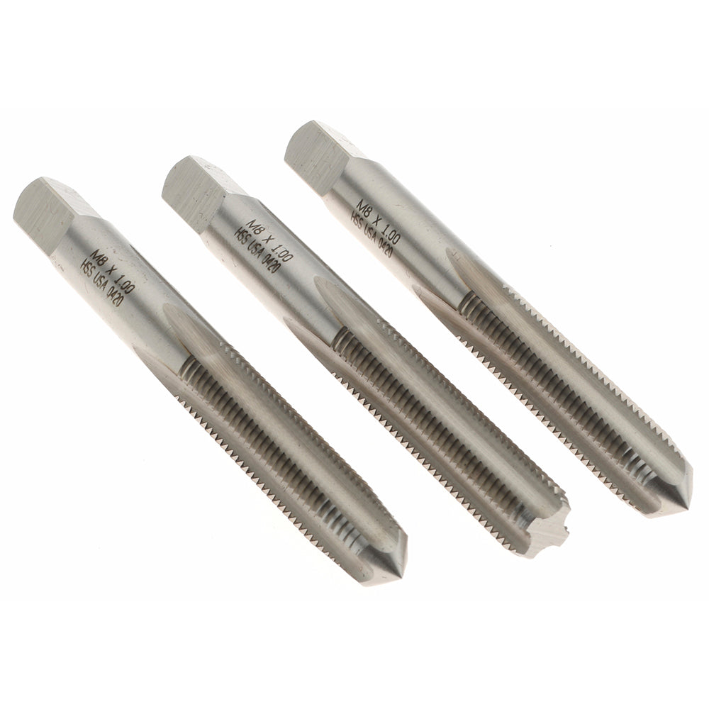 Norseman Drill & Tool 19051 Tap Set M8 x 1 Metric Fine, 4 Flute, Bottoming Plug & Taper, High Speed Steel, Bright Finish