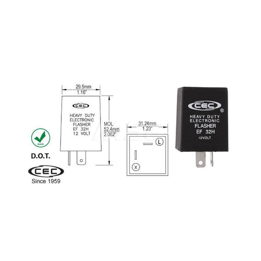 Import EF32H Automotive Flashers Flashes Per Minute 60 - 120  Voltage 11-15V DC  Number Of Terminals 2  Upper Material Plastic  Working Amperage 25  