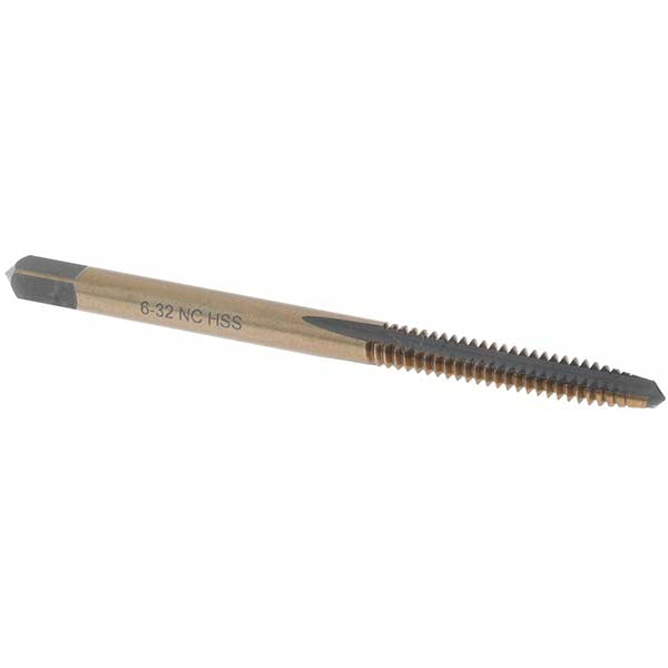 Import BDNA-20718 Straight Flute Tap #6-32 UNC, 3 Flutes, Taper, High Speed Steel, Gold/Oxide Coated