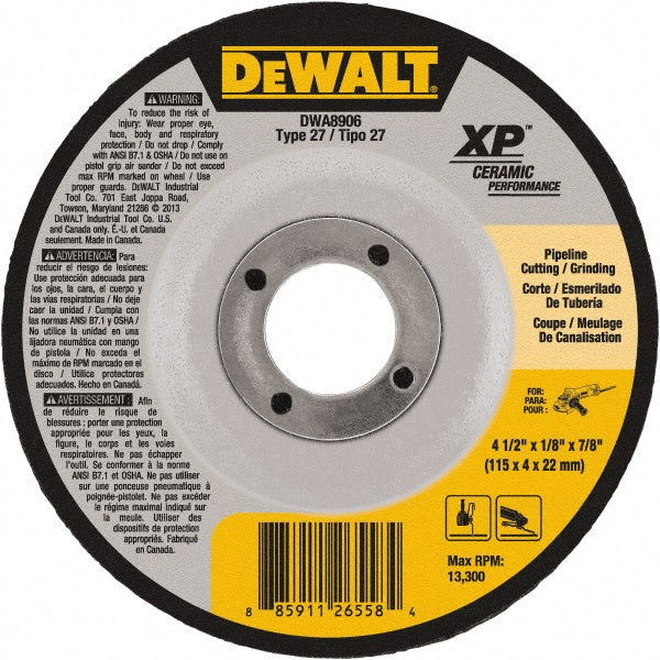 DeWALT DWA8906 Depressed Grinding Wheel  Type 27,  4-1/2" Dia,  1/8" Thick,  7/8" Hole,  Ceramic