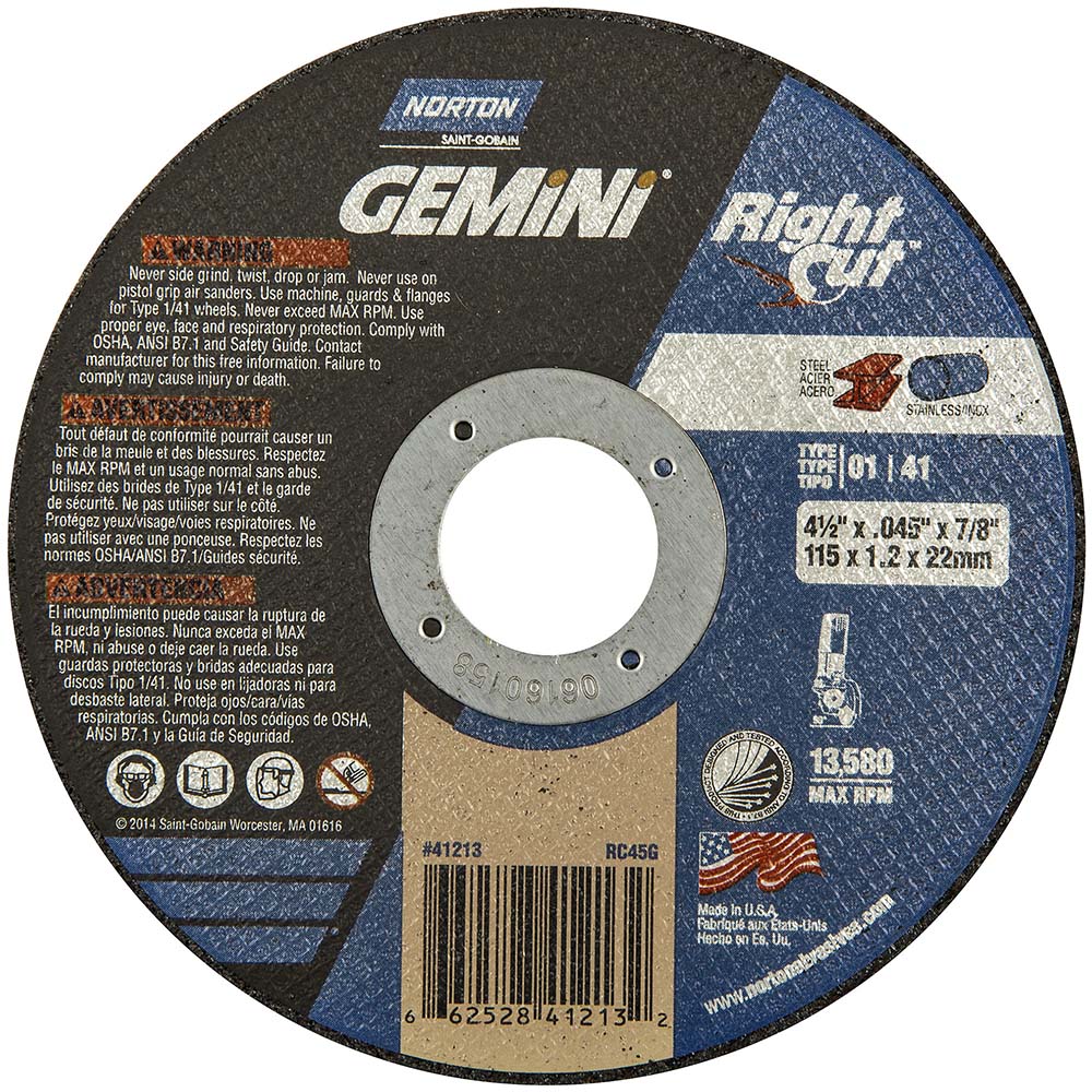 Norton 66252841213 Cutoff Wheel Type 1 (01/41), 4-1/2" Dia, 0.0450" Thick, 7/8" Hole, Aluminum Oxide