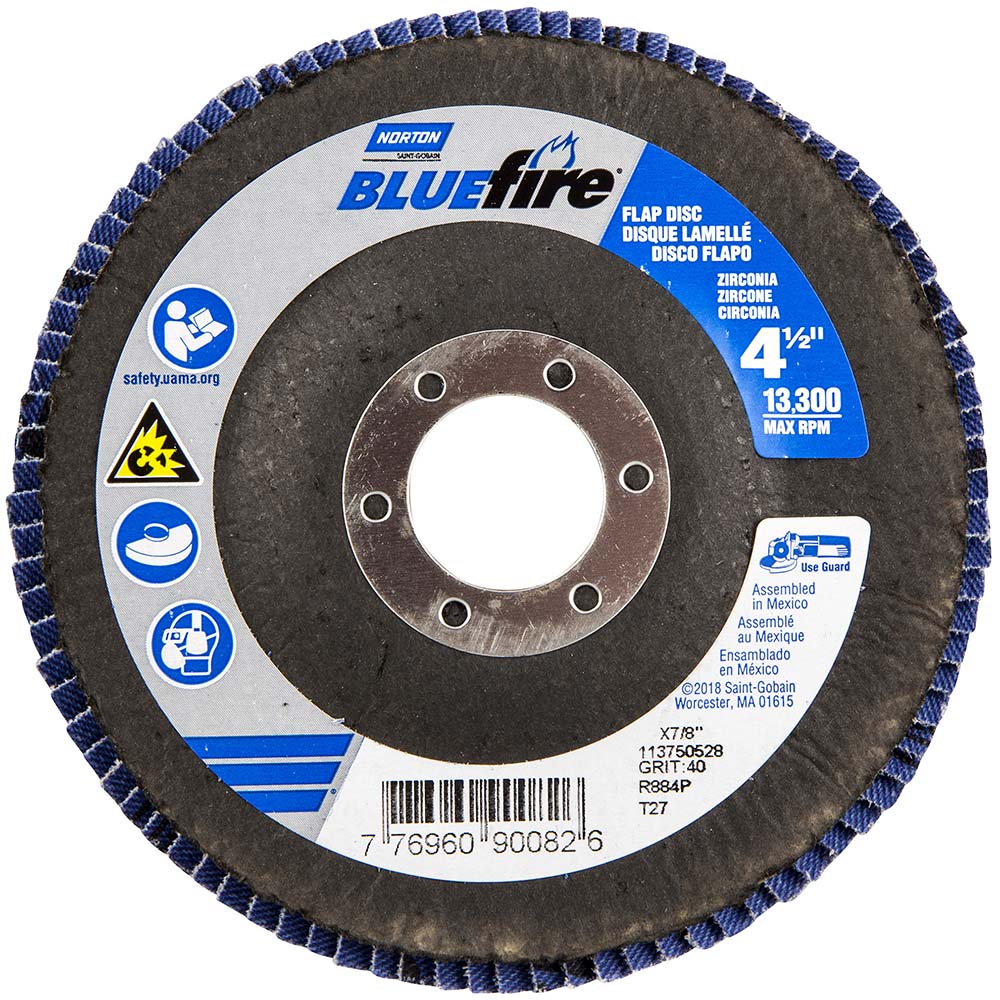 Norton 77696090082 Flap Disc  4-1/2" Dia, 7/8" Hole, 40 Grit, Zirconia Alumina, Type 27