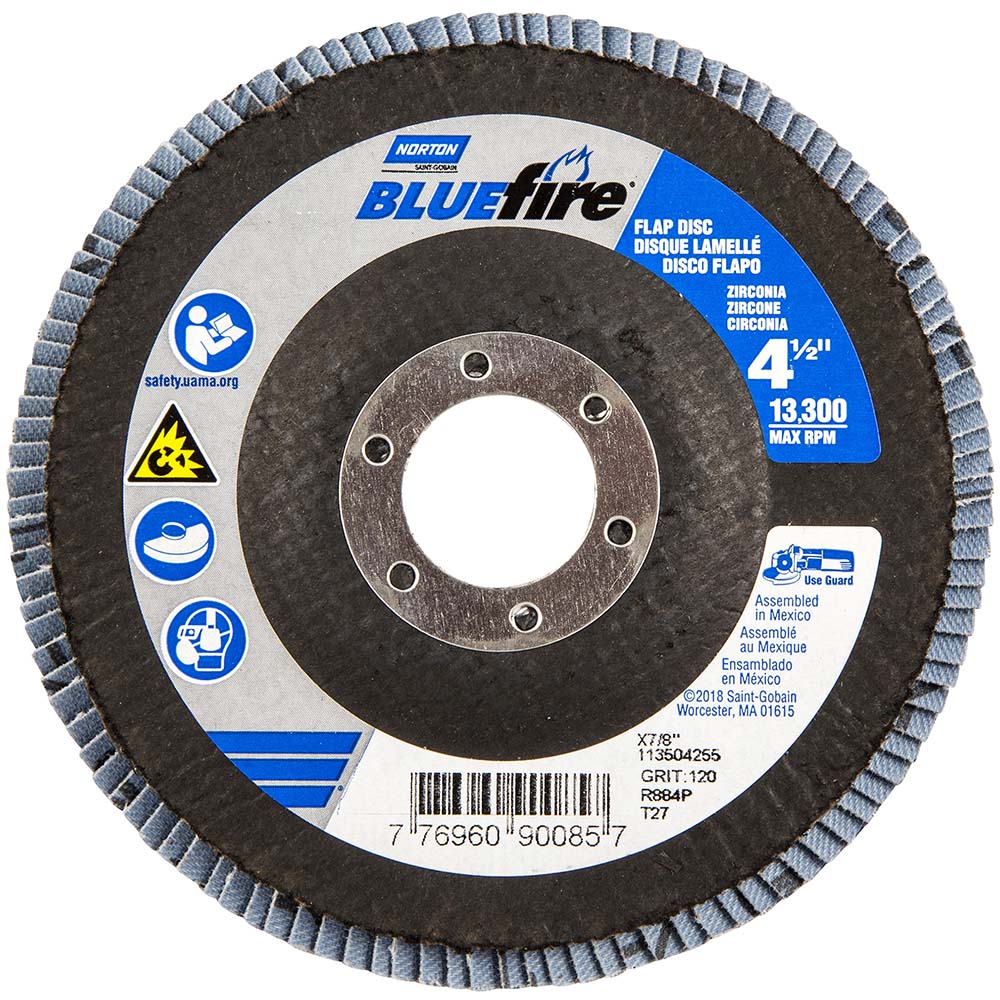 Norton 77696090085 Flap Disc  4-1/2" Dia, 7/8" Hole, 120 Grit, Zirconia Alumina, Type 27