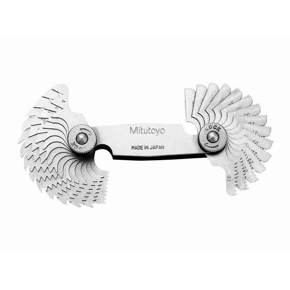 Mitutoyo 188-153 Screw Pitch Gages Measurement Type Metric  Pitch Range (mm) 0.25-2.50  Threads per Inch Range 8 - 28  Thread Angle (Degrees) 60.00  Number of Leaves 28  For Thread Location External Internal