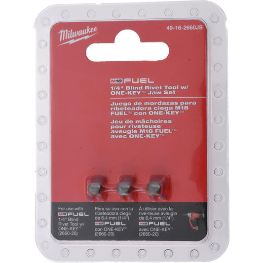 Milwaukee Tool 49-16-2660JS Power Riveter Accessories Accessory Type Jaw Set  For Use With M18 Rivet Tool 2660-20, 2660-22  Gap (Inch) 1/4  Reach (Inch) 0.47  Fractional Rivet Diameter 7/32 - 1/4  Minimum Drilling Diameter (Decimal Inch) 0.2500