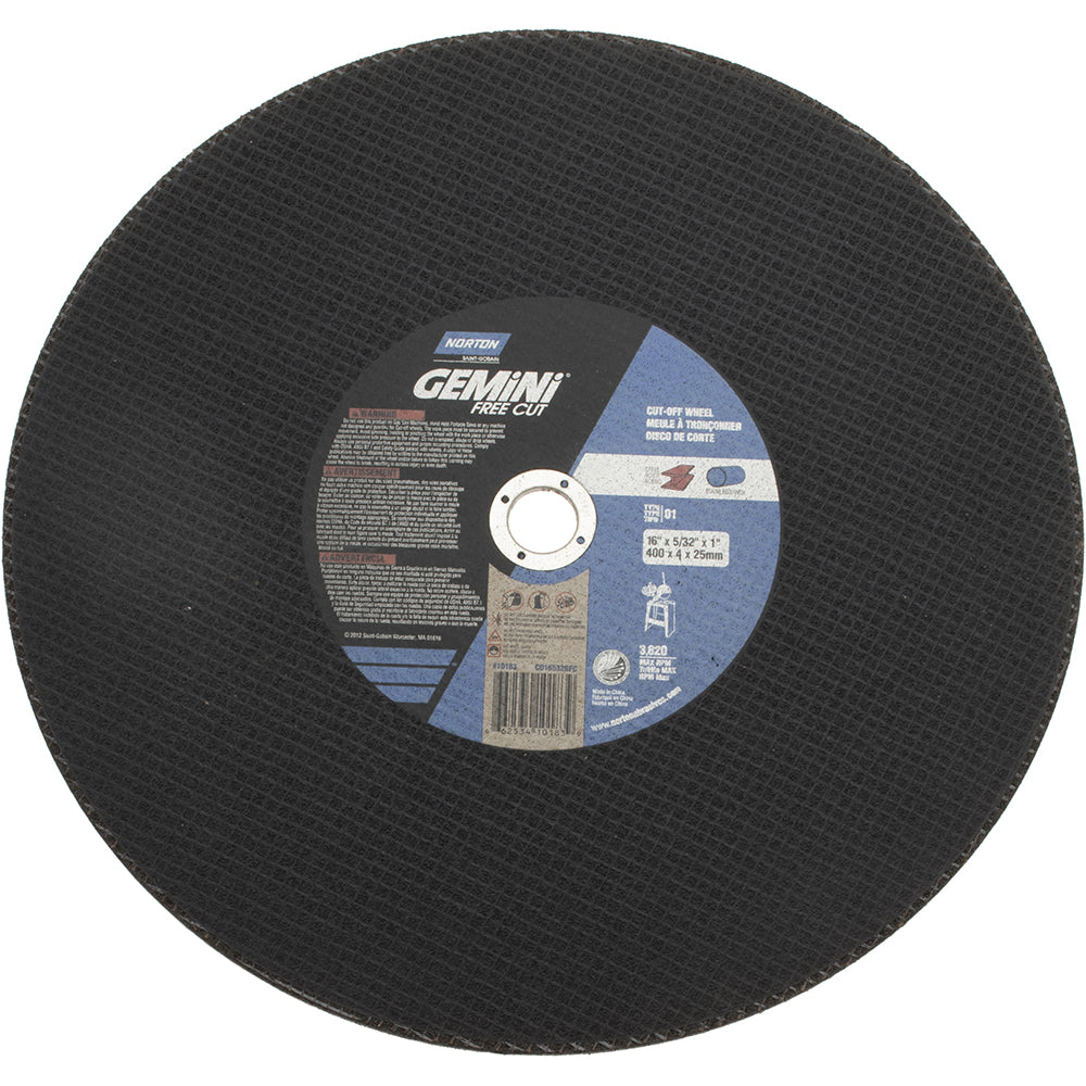 Norton 66253410183 Cut-Off Wheel 16" Dia, 5/32" Thick, 1" Hole, Aluminum Oxide