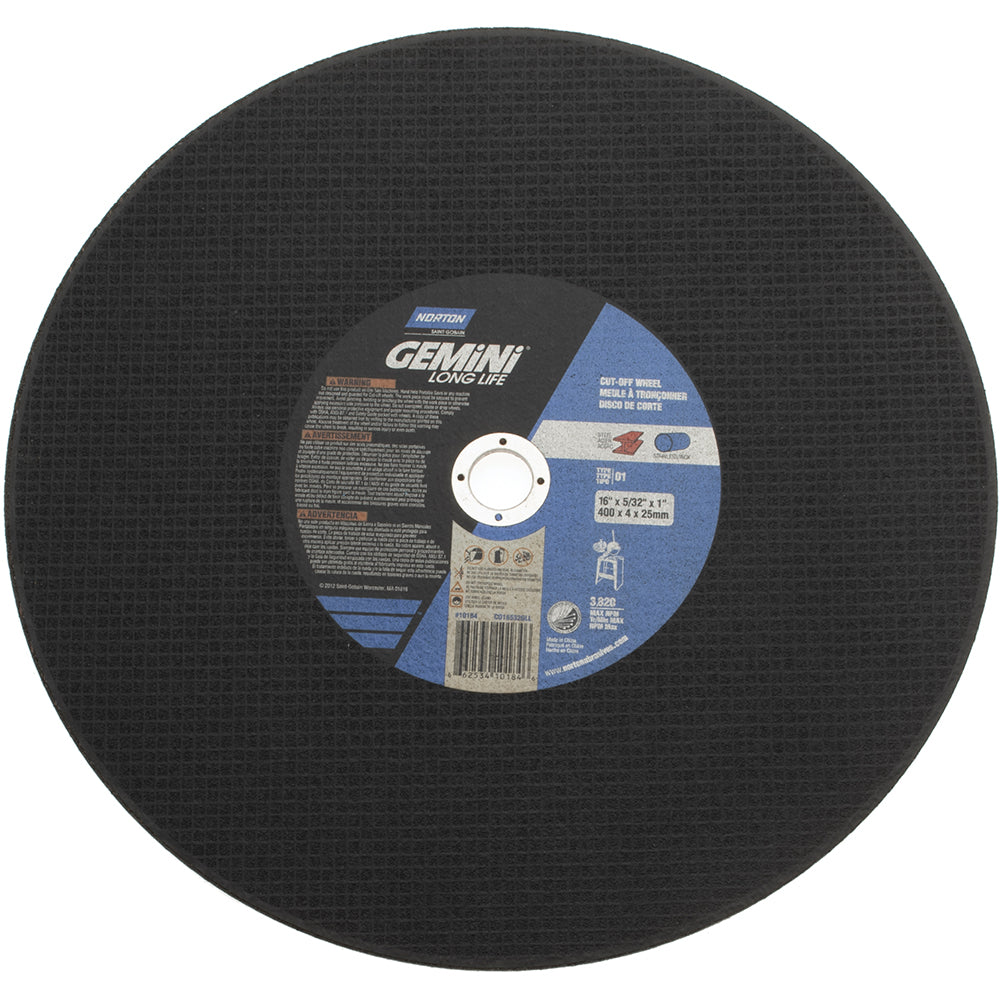 Norton 66253410184 Cut-Off Wheel 16" Dia, 5/32" Thick, 1" Hole, Aluminum Oxide